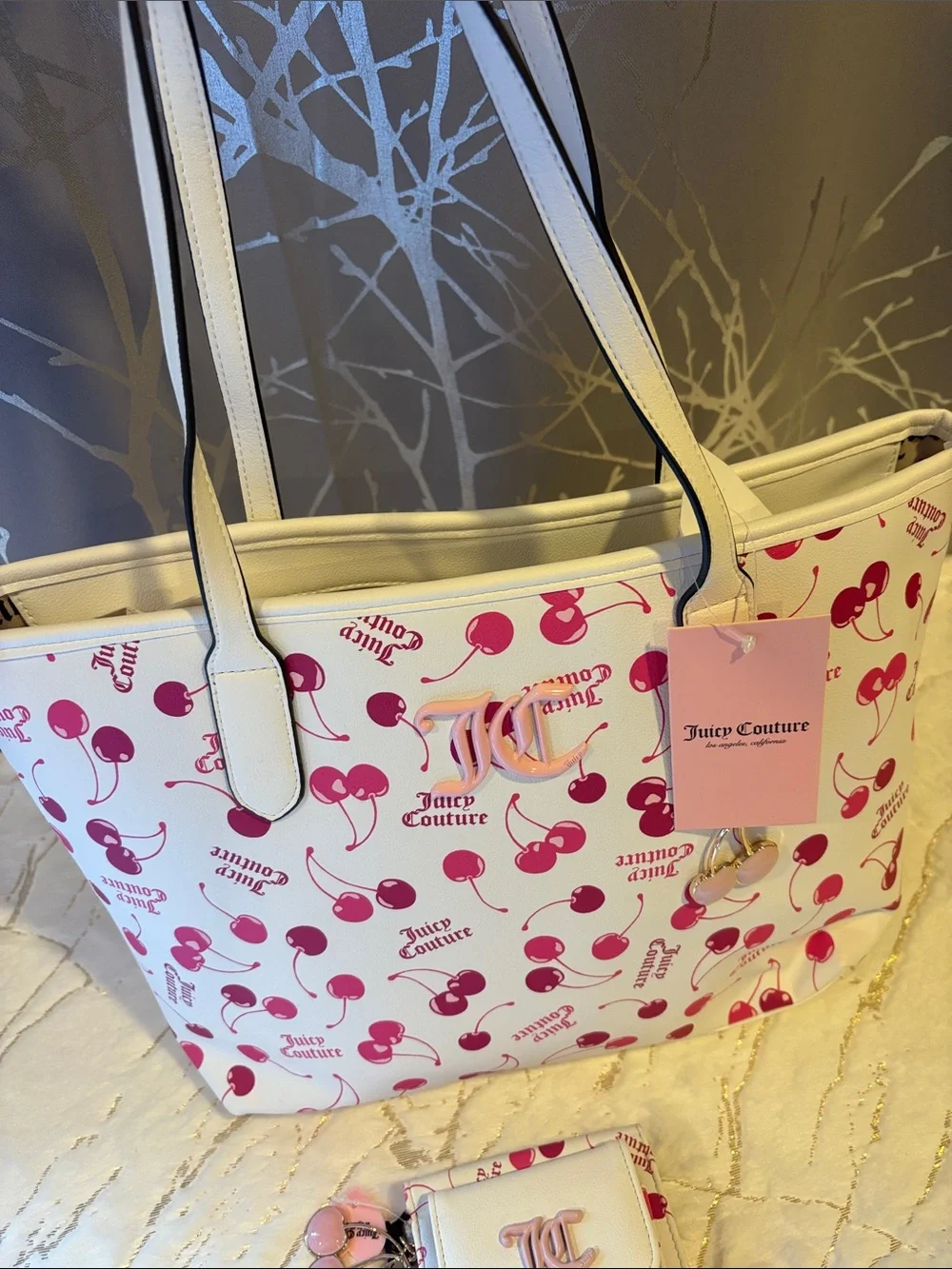 BNWT JUICY COUTURE Tote with Pink Cherry Print and Matching Wallet Set